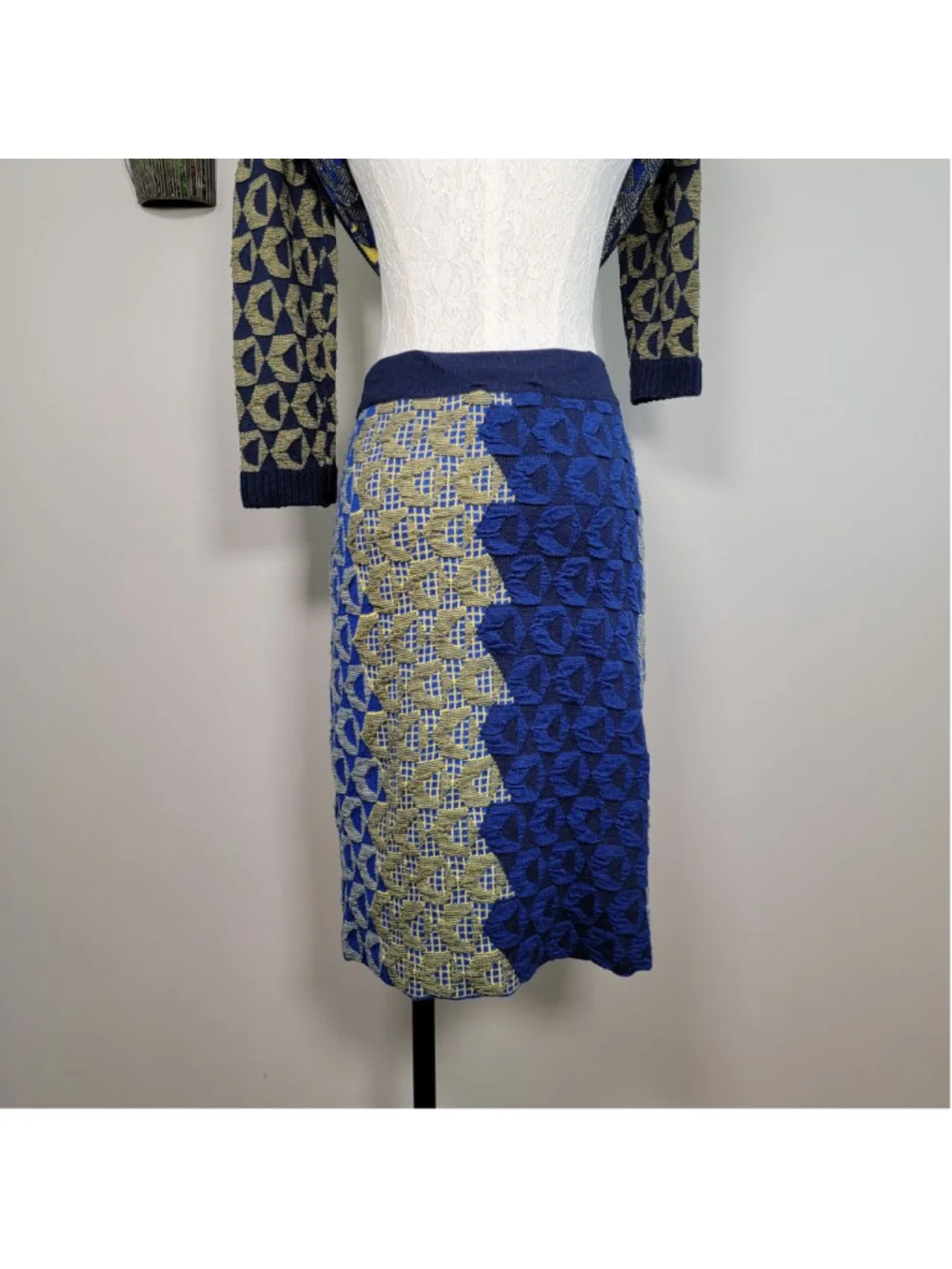 Kerisma Knit Crew Neck Sweater Pencil Midi Skirt Matching Set Blue Geometric S